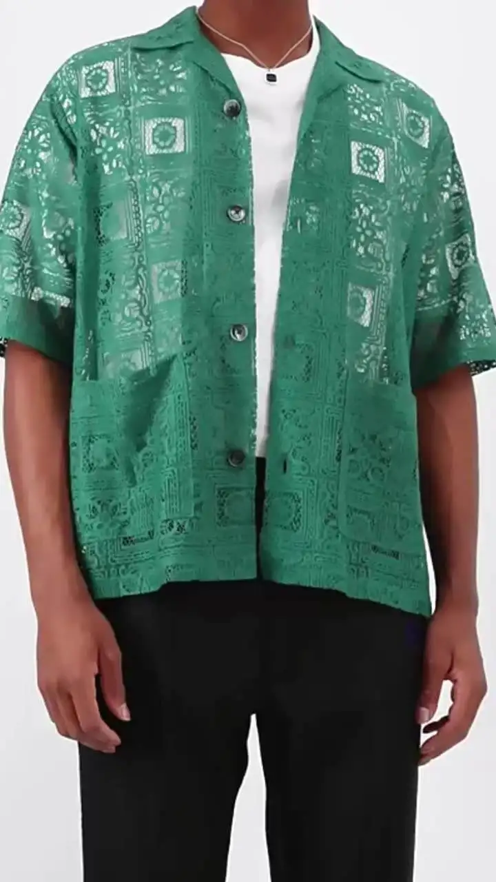 Custom Logo Summer Knitted Top Knitwear Cotton Cardigan Button Up Fashion Short Sleeves men Crochet shirt