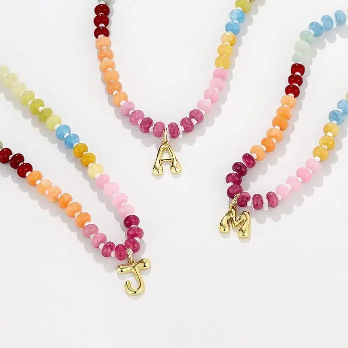 2024 New Initial Letter Necklaces Handmade Colorful Beaded Gemstone Choker 14K Gold Bubble Letter Pendant Necklace  Jewelry