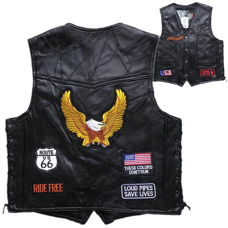 2019 Mens Eagle Patch Black Genuine leather Motorcycle Vest Vintage US Flag Sheepskin Sleeveless Biker Jackets Gray Patch