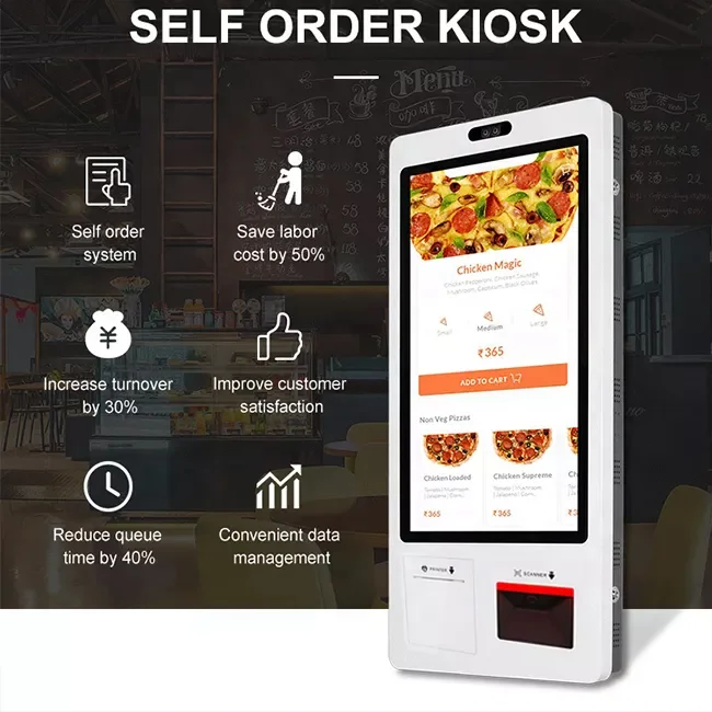 32 Inch Self Checkout Service Kiosk Machine Touch Screen Interactive Touch Ordering Kiosk With Payment Qr Code Scanner Terminal