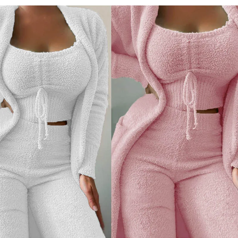 Fall Winter Sweater Ladies cozy Knit Suit Women Pants And Long Coat Cardigan Knitted Womens Sweater Fuzzy 3 Piece Set Women