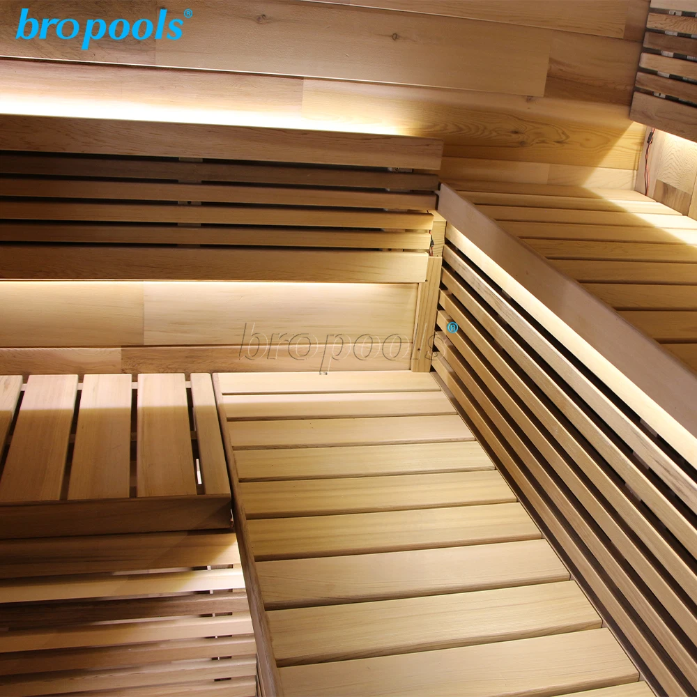 Bropool Modern Design Traditional Canadian Red Cedar Outdoor Cube Sauna Room with Porch Solid Wood Computer Control Panel Villas