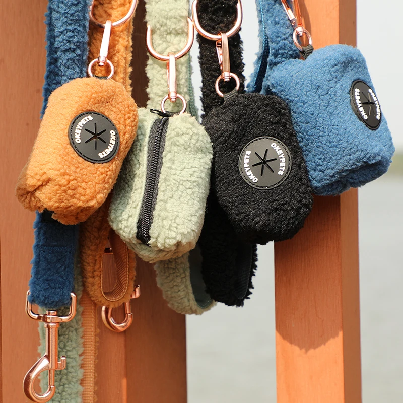 Okeypets Custom Logo Lamb dog poop bag holder Eco Friendly Wholesale Sherpa Fleece Pet Waste Poop Bag Dispenser For Roll Bag