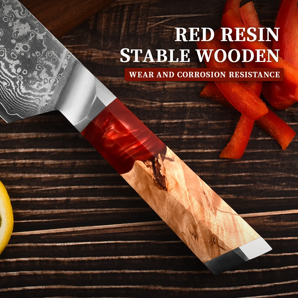 Japanese 8 Pcs Luxury Resin Handle Stainless Damascus Steel Texture Blade Professional Bread Chef Kitchen Knife Set