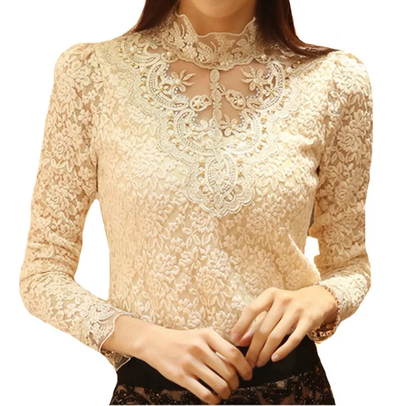 New Women Lace Crochet Hollow Out Tops Pearl Long Sleeve Blouses And Shirts Casual Female Plus Size Blouse