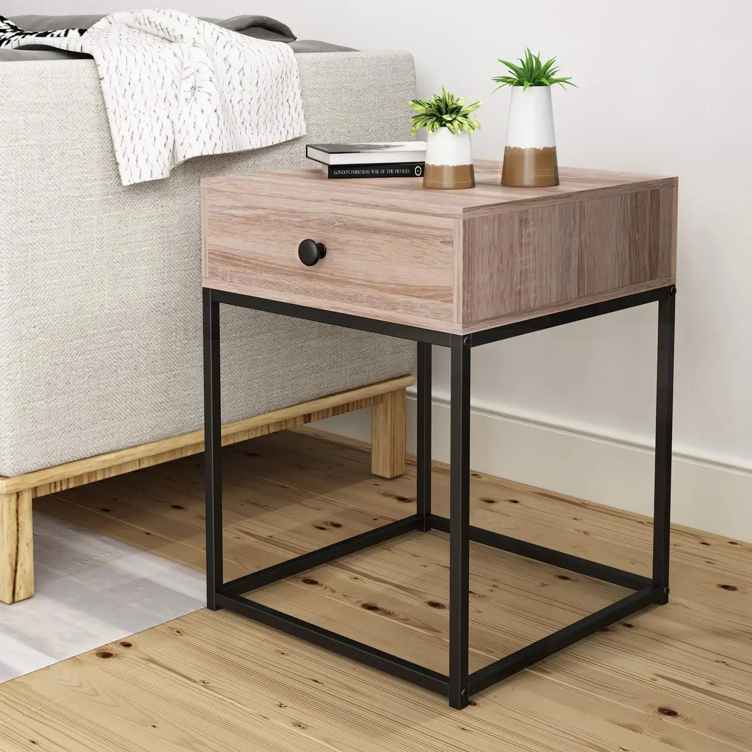 Ready Assembled Russian Oak Bedside Table Wooden Navy Night Stand Metal Wide Night Light Nightstand