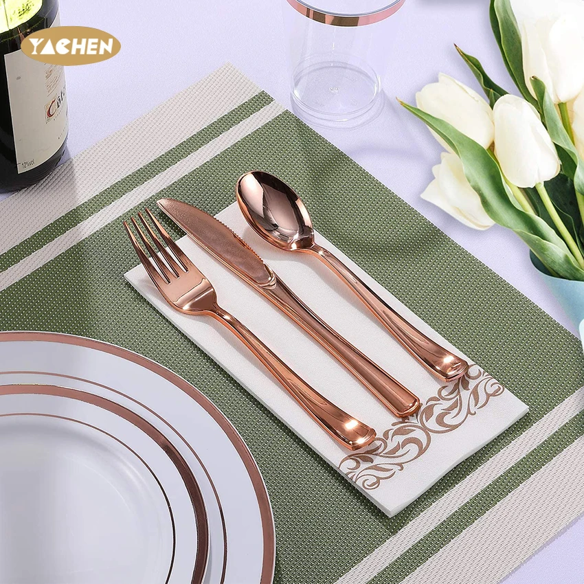 YACHEN Gold Silver Reusable Plastic Plates Disposable Tableware Dinnerware Set for Birthday Wedding Party Supplies Kits