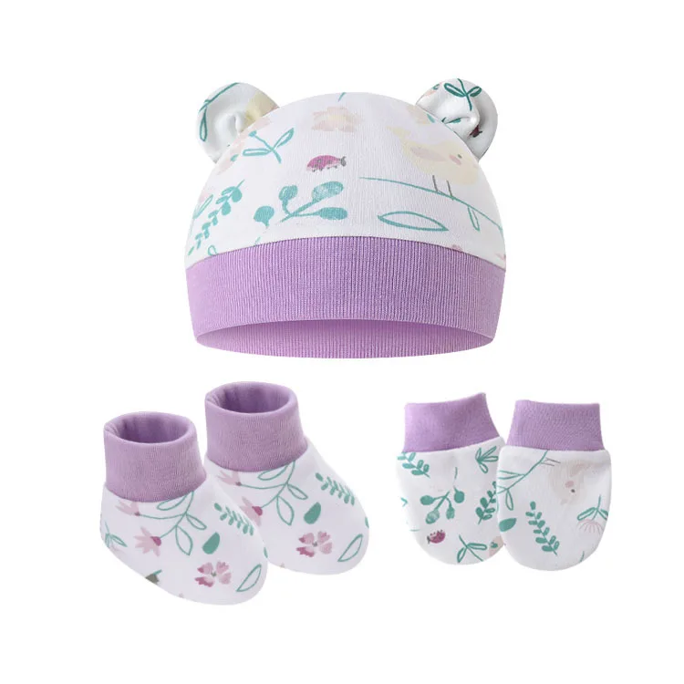 Baby Cotton Fetal Hat Scratchy Gloves And Foot Covers 3-Piece Set For Newborn Ear Hat 0-6 Months