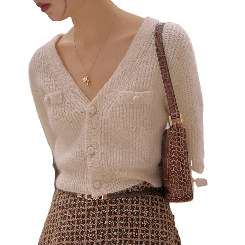 2022 French casual women spring autumn new style V neck button crop knitted sweater top cardigan