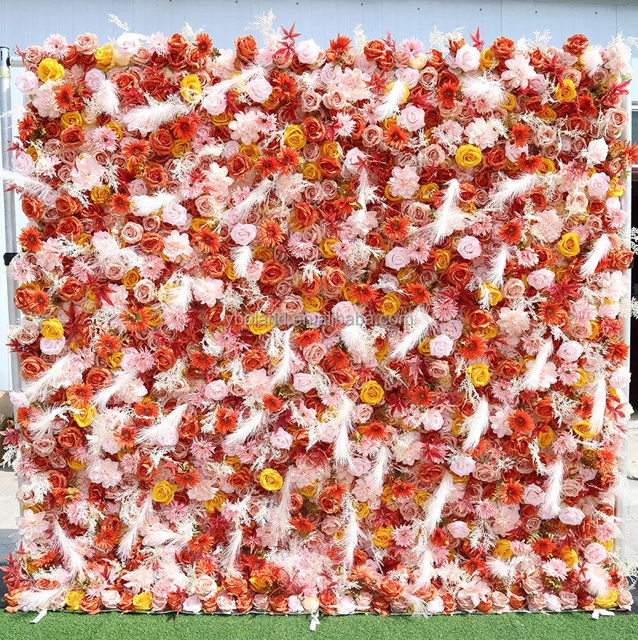 Custom 8 ft by 8ft 10 ft artificial silk rose cloth flower wall backdrop wedding decorations fake autumn fall roll up flowerwall