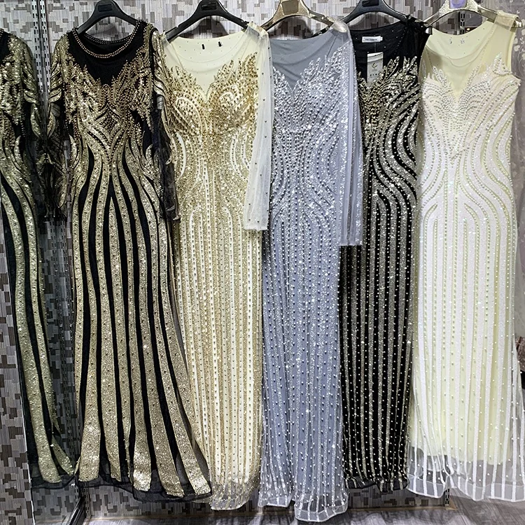 Wholesale Factory Dubai Gold Diamond Rhinestone Beading Rochii De Seara Vestidos De Noche Luxury Long Sequin Evening Dresses
