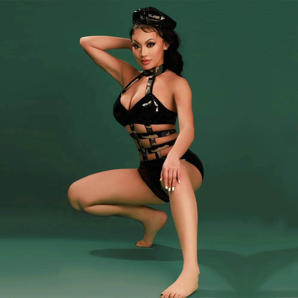 Good price Pu leather black tight sexy army girl cosplay lingerie halloween costumes for women