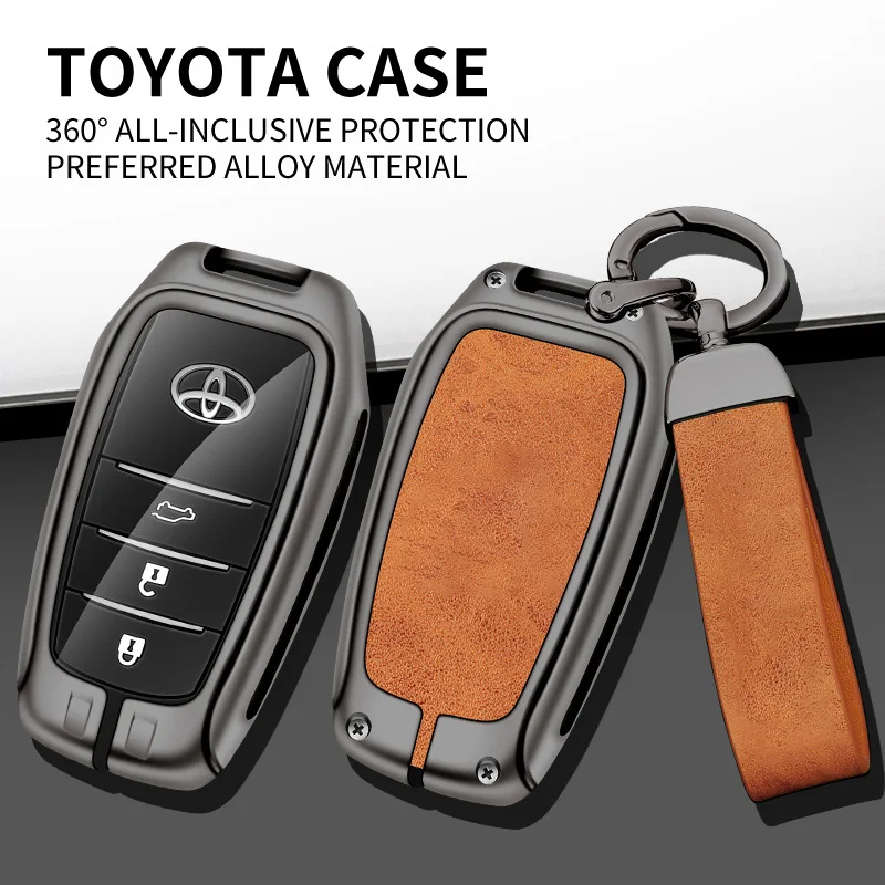 Metal Leather Car Logo Key Case Cover Shell for Toyota Crown Corolla Rav4 CH-R Camry Hilux Fortuner Key Fob Auto Accessories