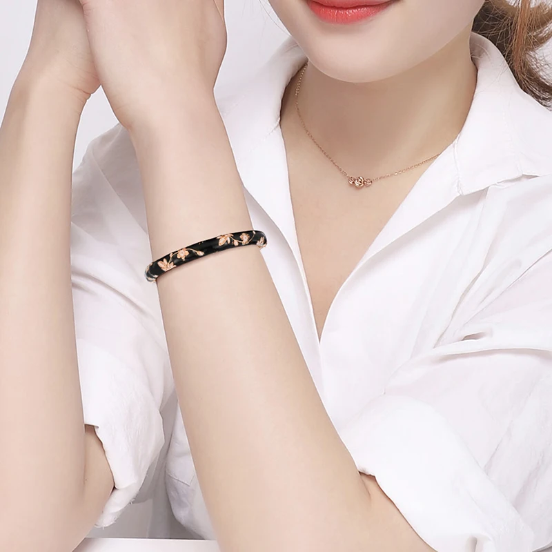 Wholesale Alloy Gold Plated Colorful Cloisonne Enamel Flower Bangle Bracelet for Ladies Jewelry Gift