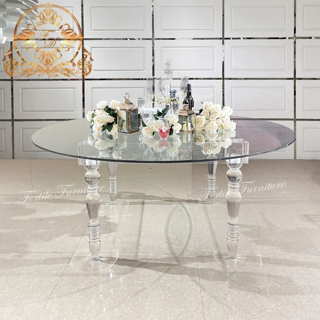 Round  Shape Clear Glass Crystal  Acrylic Base Dining Table
