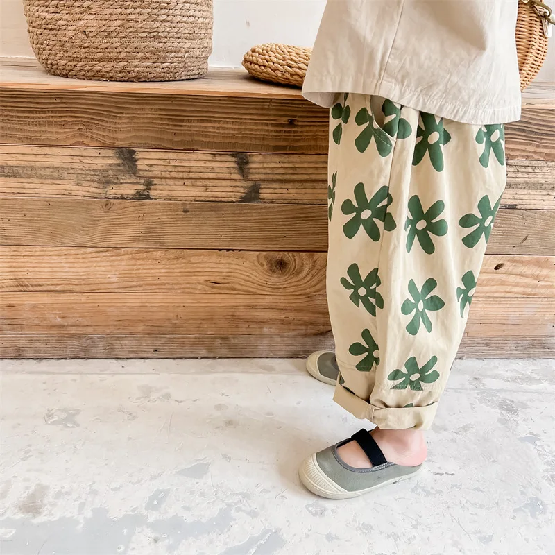 Spring Autumn New Children Casual Pants Girls Fashion Flower Print Harem Pants Kids Loose Trousers Vintage Boys Pants