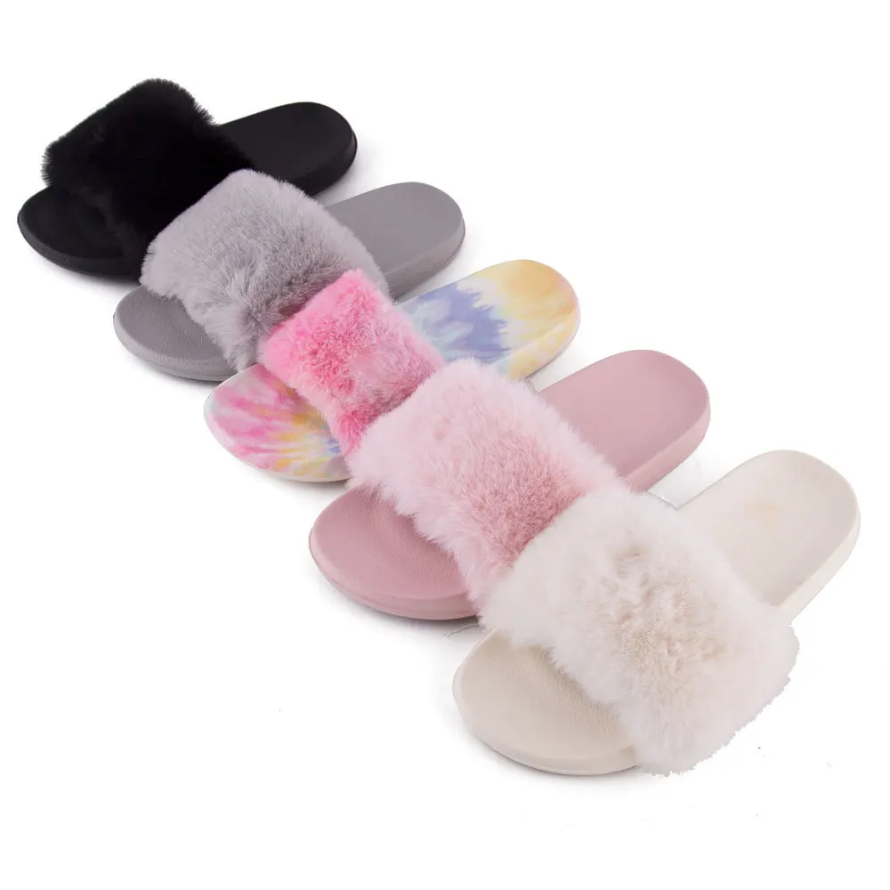 Wholesale women outdoor comfort furry summer flat sandals ladies shoes with sunday angora yarns