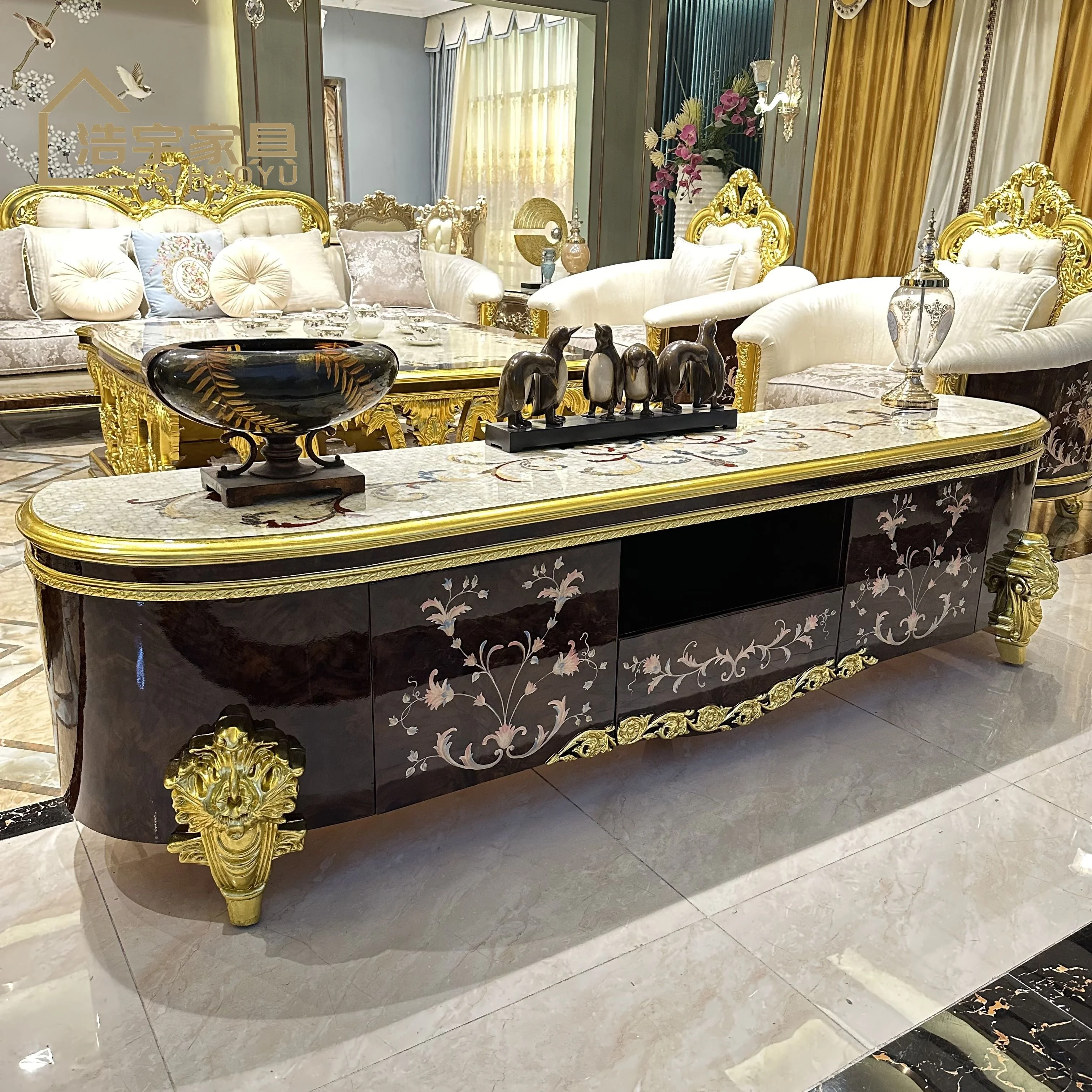Custom pattern top center table royal luxury classic hand carving solid wood gold oak square coffee table sets living room