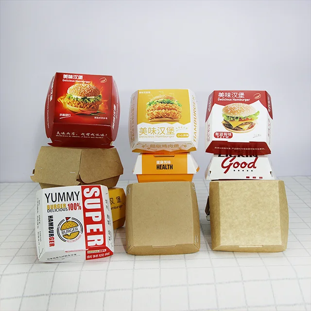 Hot Sale Custom Kraft Paper Burger Boxes Hamburger Container made of Sugarcane Food Packaging Free Sample