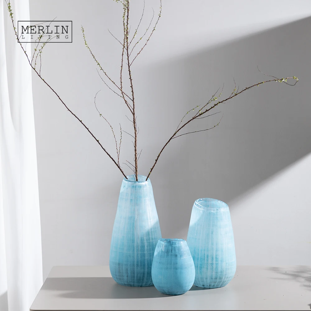 Синяя стеклянная ваза Merlin, Минималистичная хрустальная ваза с цветами, украшение для стола, стеклянное Хрустальное украшение