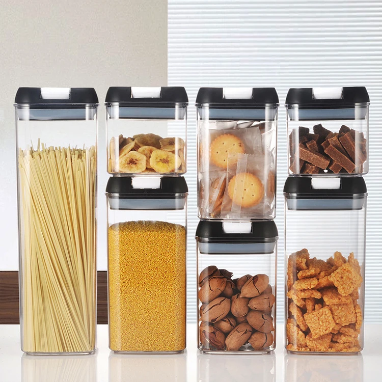 Decorative 7 in 1 kitchen square airtight sealed plastic food spice storage bottles & jars with lid