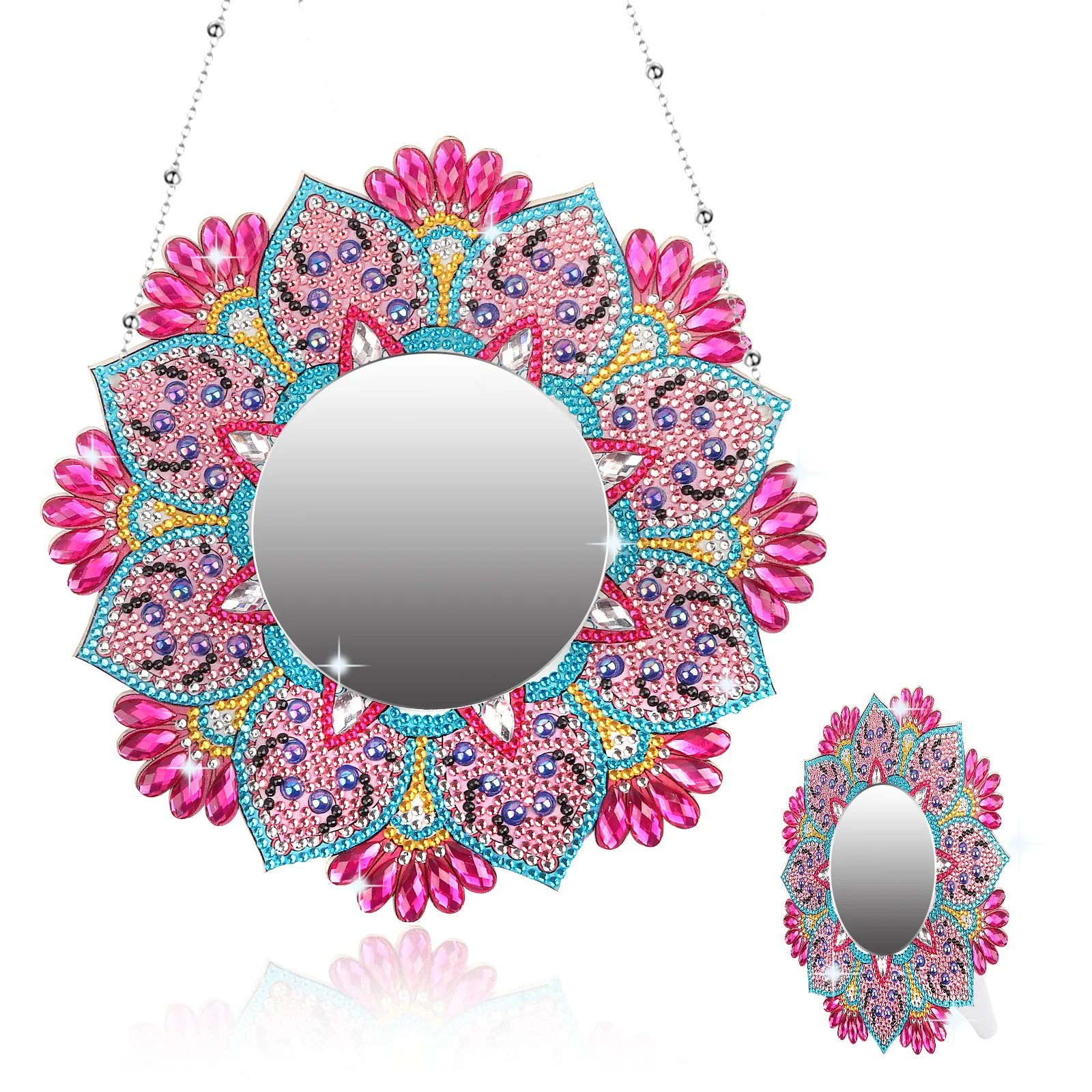 DIY pink color mandala diamond painted mirror