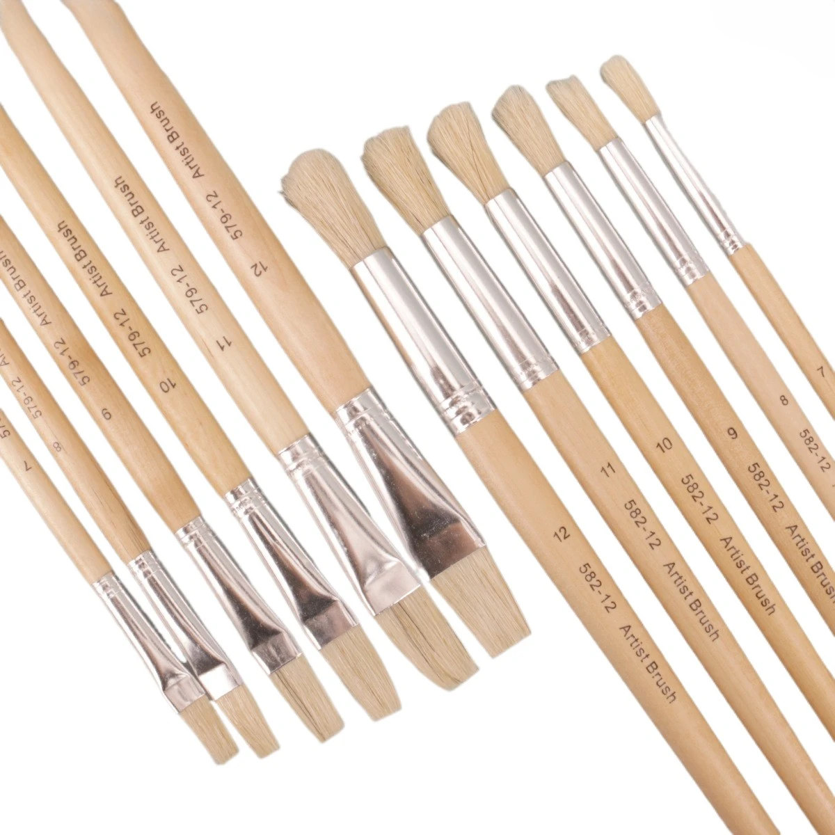 Opeth 12pcs Pig Hair Wooden Rod Brush Set,Professional Art Round Head Brush,Student Flat Head Oil Painting Brush