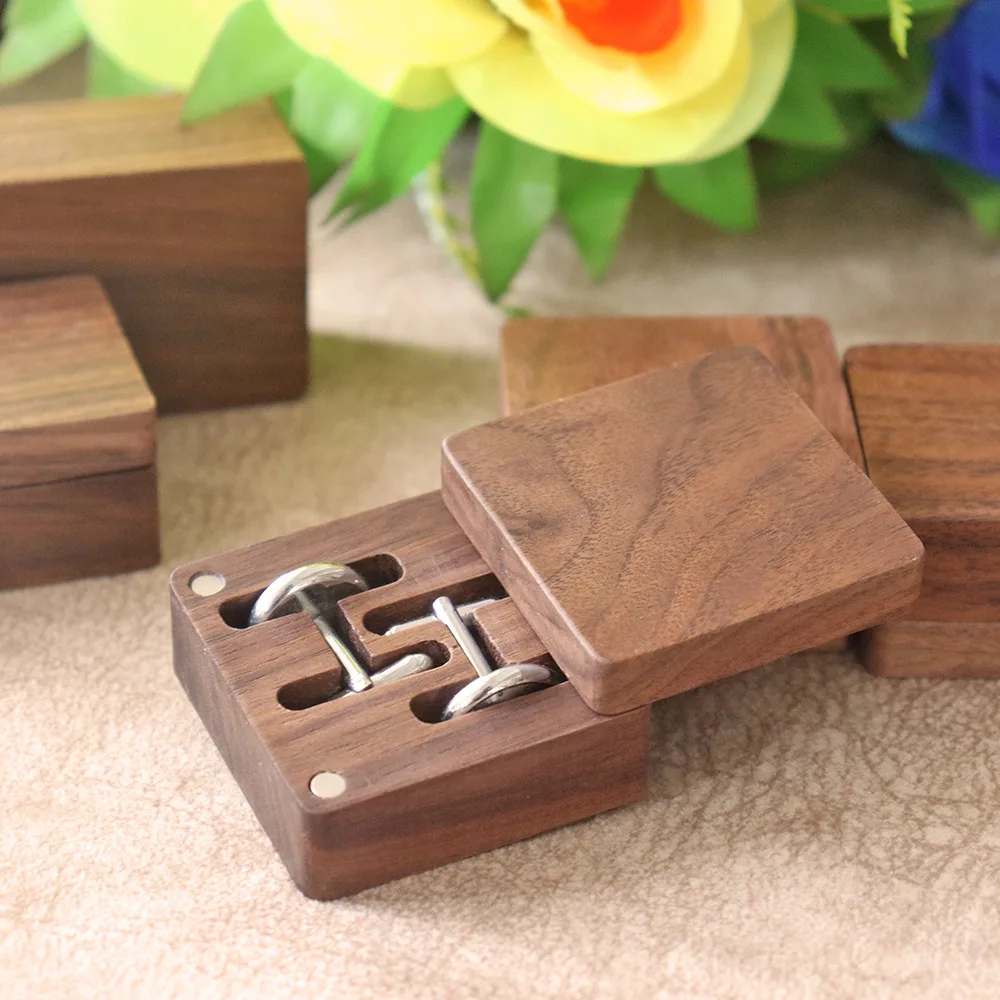 High-quality Black Walnut Packaging Box with Top and Bottom Lid High-grade Magnetic Laser Cufflink Button Storage Gift