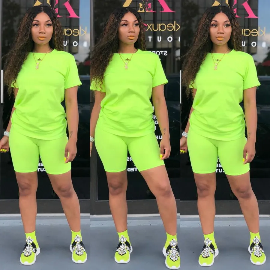2023 fashion short sleeves neon two pieces shorts set casual 2 piece women jogger sweat pants