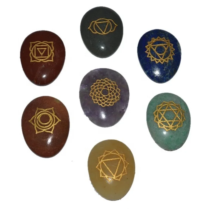 Engraved 7 Chakra Eggs Shape stone Set natural