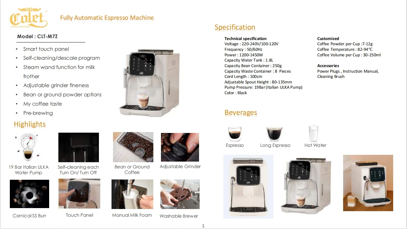 Colet One Touch Screen Coffee Bean Powder Brewing Milk Foam Espresso Fully Automatic Coffee Maker Machine