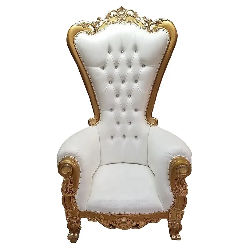 High-Back Big Head Gilded Wood Carved Luxury Throne Chair White Leather Event Wedding Rental for Banquet Bar Lobby