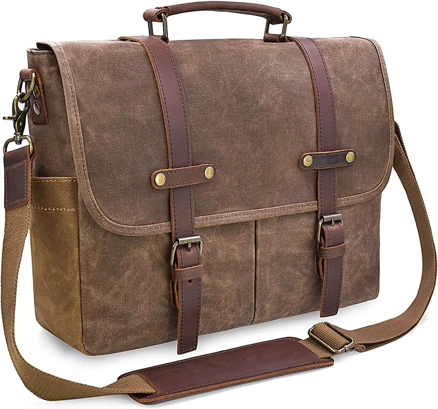 Waterproof Vintage Genuine Leather Waxed Canvas Briefcase Large Satchel Shoulder Bag Rugged Leather Men Messenger Bag