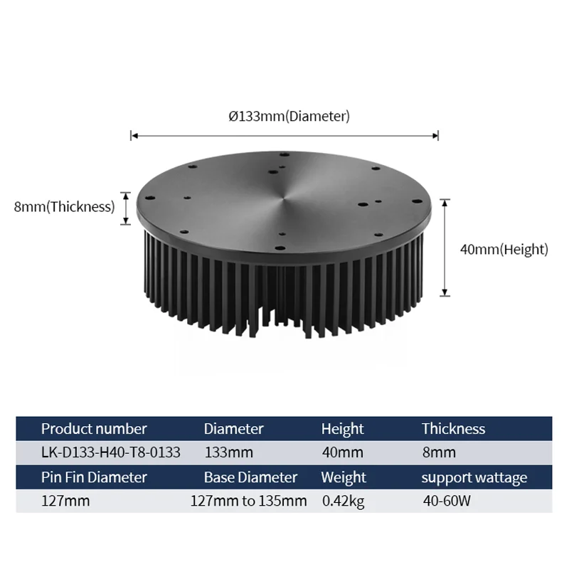40W Diameter 133mm And Height 40mm Black Anodizing Round Led Light Pin Fin Aluminum Cooler Heatsink With Cooling Fan
