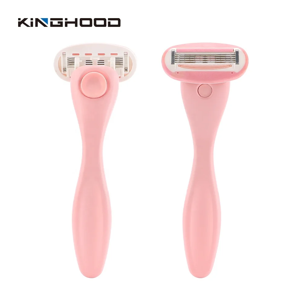 Private Label  Pivoting Replaceable  Four Blade Cartridge System Razor Metal Handle Women Pink Shaving Razor