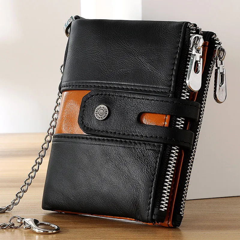 Cow Leather Color Contrast Card Wallets Purse Mini Leather Vintage Male Bag With Zip Key Chain Short Wallet Man