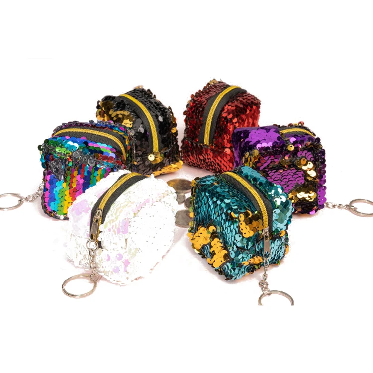 Mini Coin Purse Reversible Sequin Wallet Embroidery Zipper Pouch Bag Key Chain For Girls Women