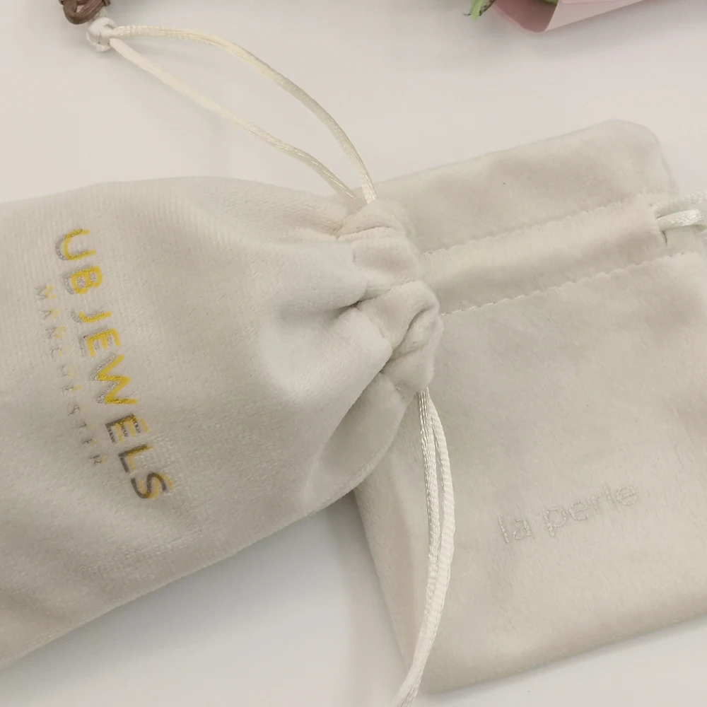 Luxury white velvet pouch wholesale custom logo drawstring bag for jewelry