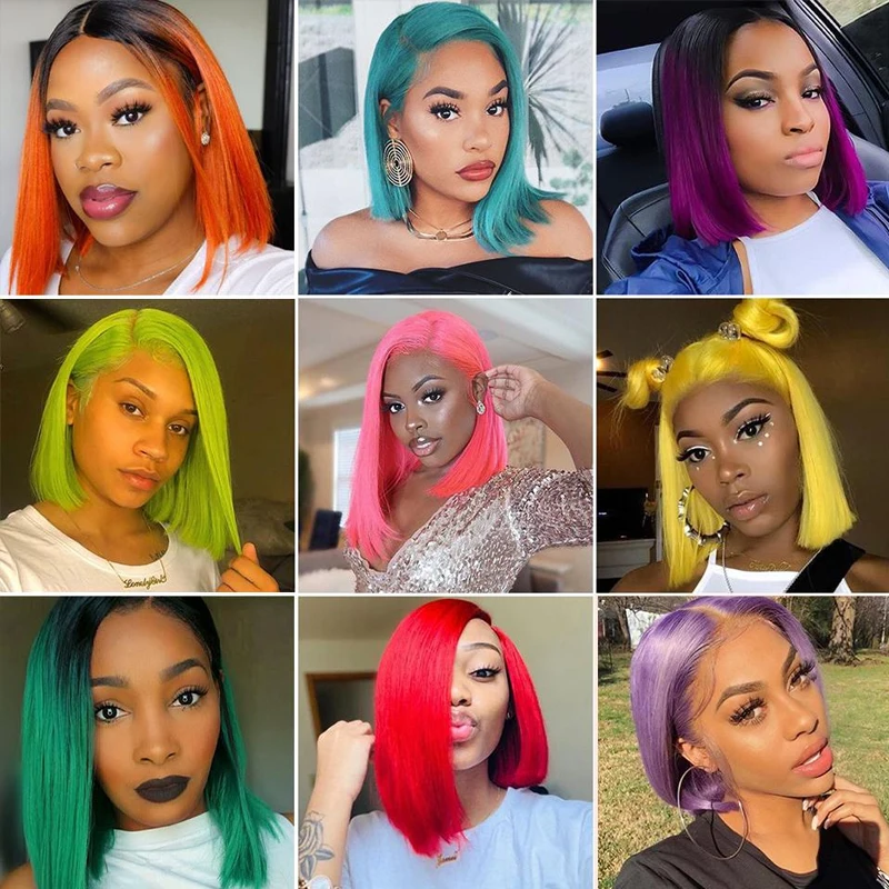 Wholesale Pink Orange Blue Red Grey 613 Blond Color Bob Wig Brazilian Virgin Short Human Hair Lace Front Ombre Bob Wig