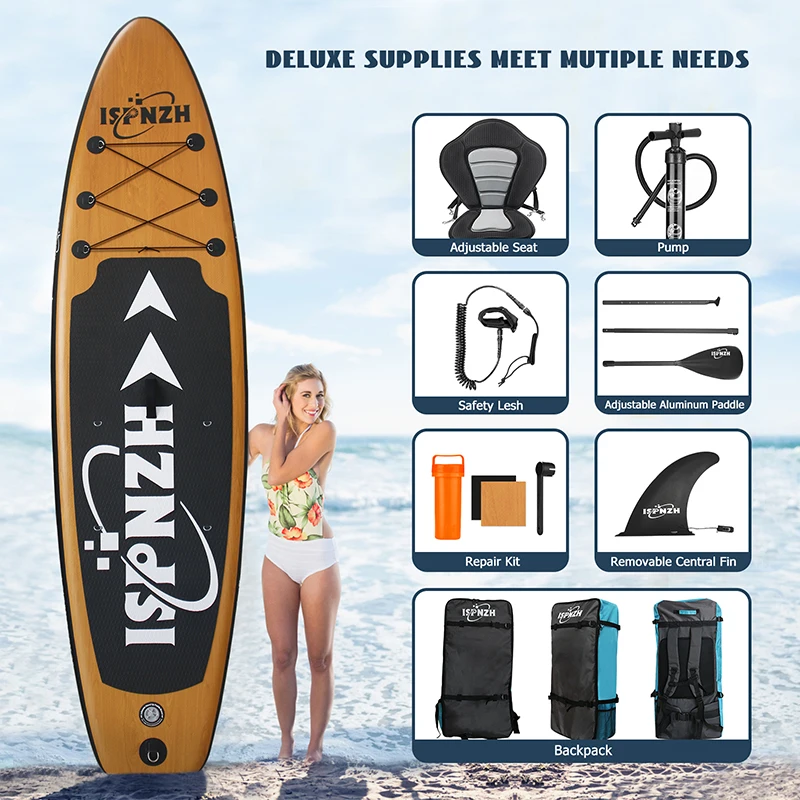 Huaning Paddleboard Manufacturer Wood Grain Sup Inflatable Surfboard Stand Up Paddle Board