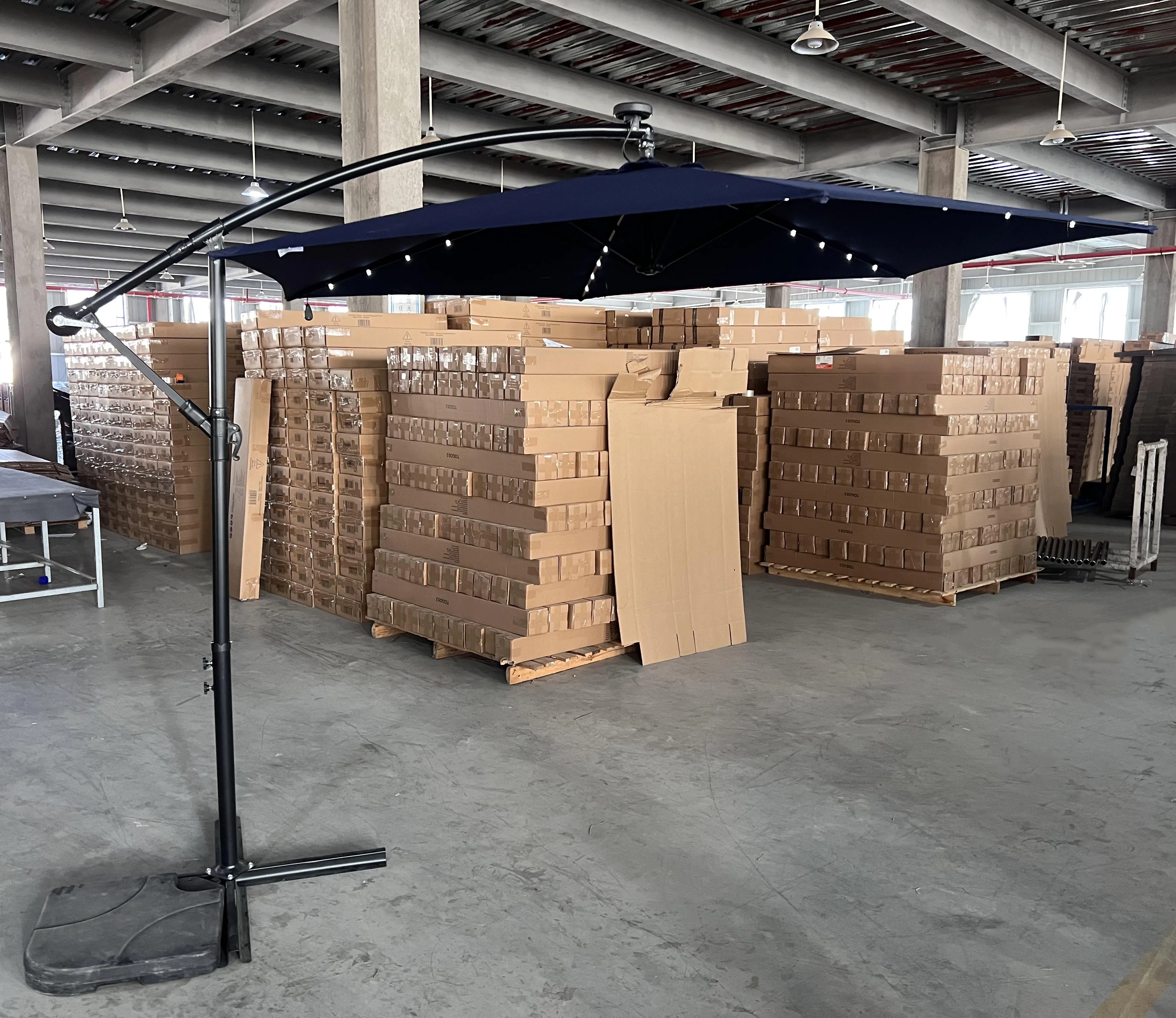 Uplion Cantilever Solar Patio Umbrella with Outdoor LED Lights, Crank, and Cross Base, Fancy Parasols