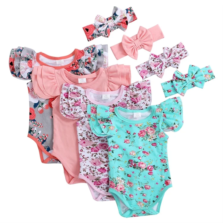 
Newborn Kids baby clothes romper Flutter Sleeve Floral Print Baby Girls Romper Headband Outfits 