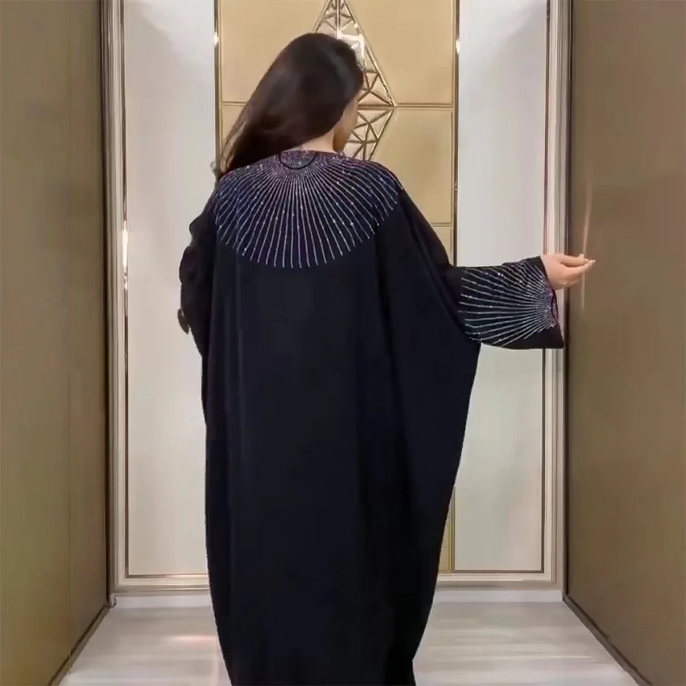 J&H 2022 latest design luxury rhinestone abaya women muslim dress black robes free size Islamic clothing kaftan style