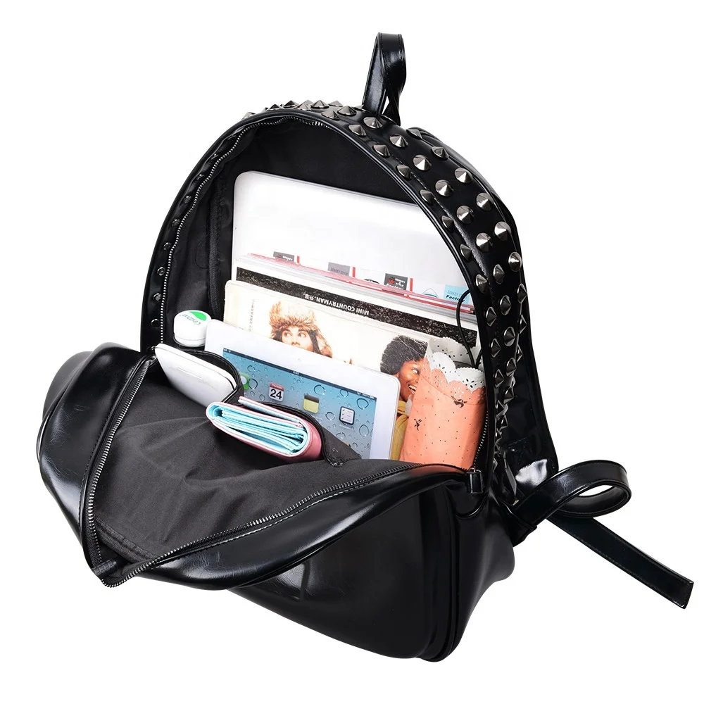 PU leather Rock style black skull pattern rivet backpack