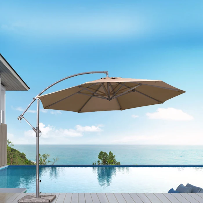 8ft Tarpaulin Beach Umbrella with Fringe Waterproof Wood Pole and Steel Frame Portable Table and Chairs Set for Garden