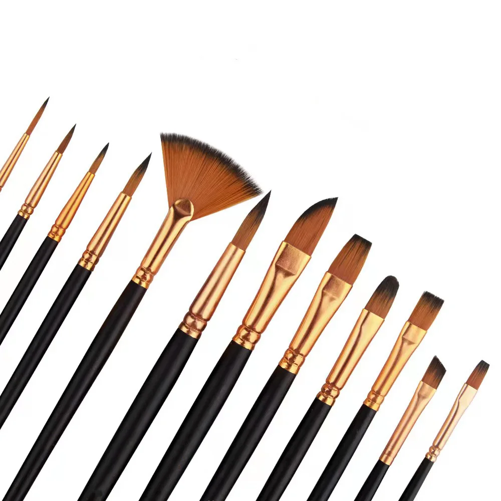12 pack professional artist nylon hair paint brush set for acrylic oil watercolor painting