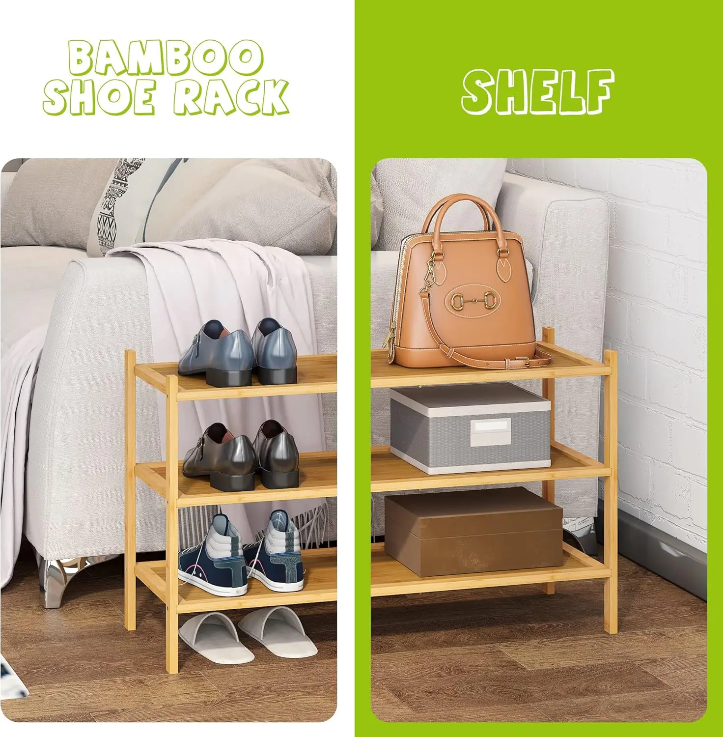 Premium 3-Tier Bamboo Shoe Rack Living Room Entryway Organizer with Stackable Shoe Shelf Storage Cabinet for Home Use