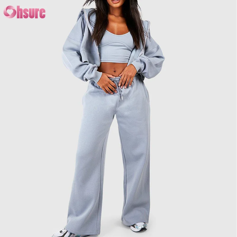 Casual Loose Jackets Sweatshirt Bras Joggers 3 pcs Sets Fleece French Terry Women Tracksuits Set