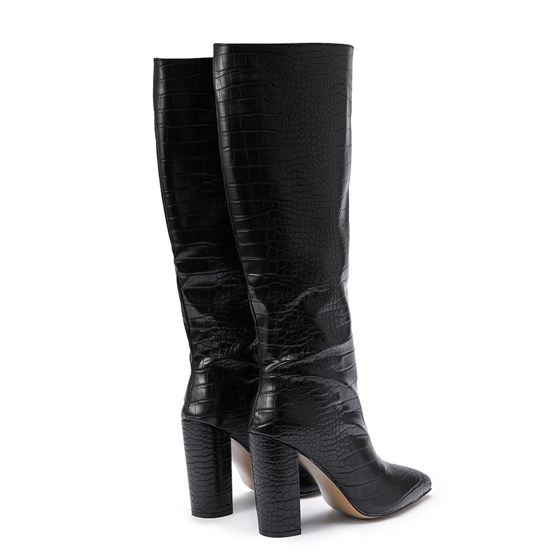 113467 Faux croc leather thick heeled women pumps winter fashion pointy toe pull on lady knee length boots in black dressy shoes
