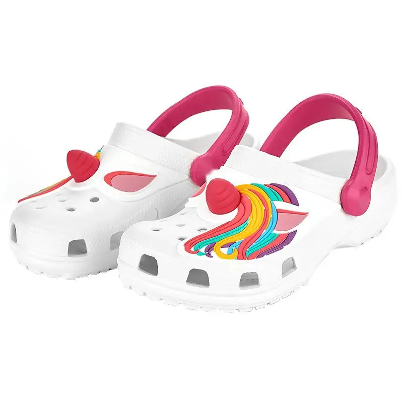 Садовые детские сабо EVA с фирменным логотипом, Мультяшные единороги, сабо, тапки, тапки, подвески, детские сабо, пляжная обувь